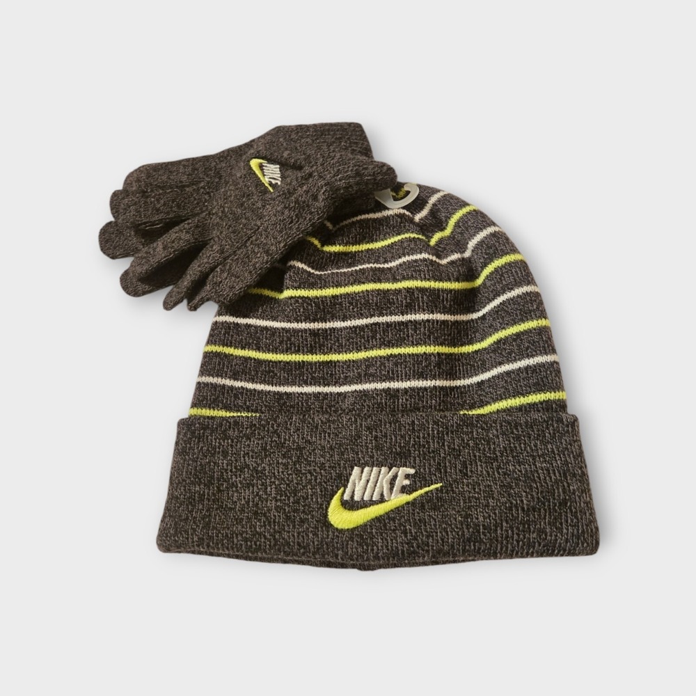 NIKE Beanie 2 Piece Hat & Gloves Boys Youth Green Gray